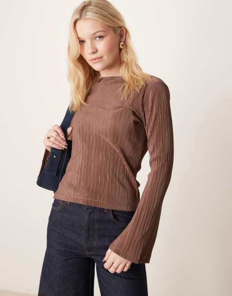 ASOS DESIGN plisse angel sleeve slash neck top in cream - view 1