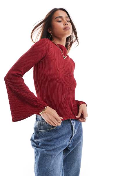 ASOS DESIGN plisse angel sleeve slash neck top in red - view 1
