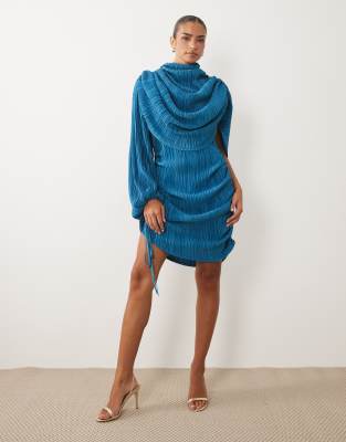 Женское плиссированное мини-платье ASOS Design с кейп-рукавом, сине-бирюзовое