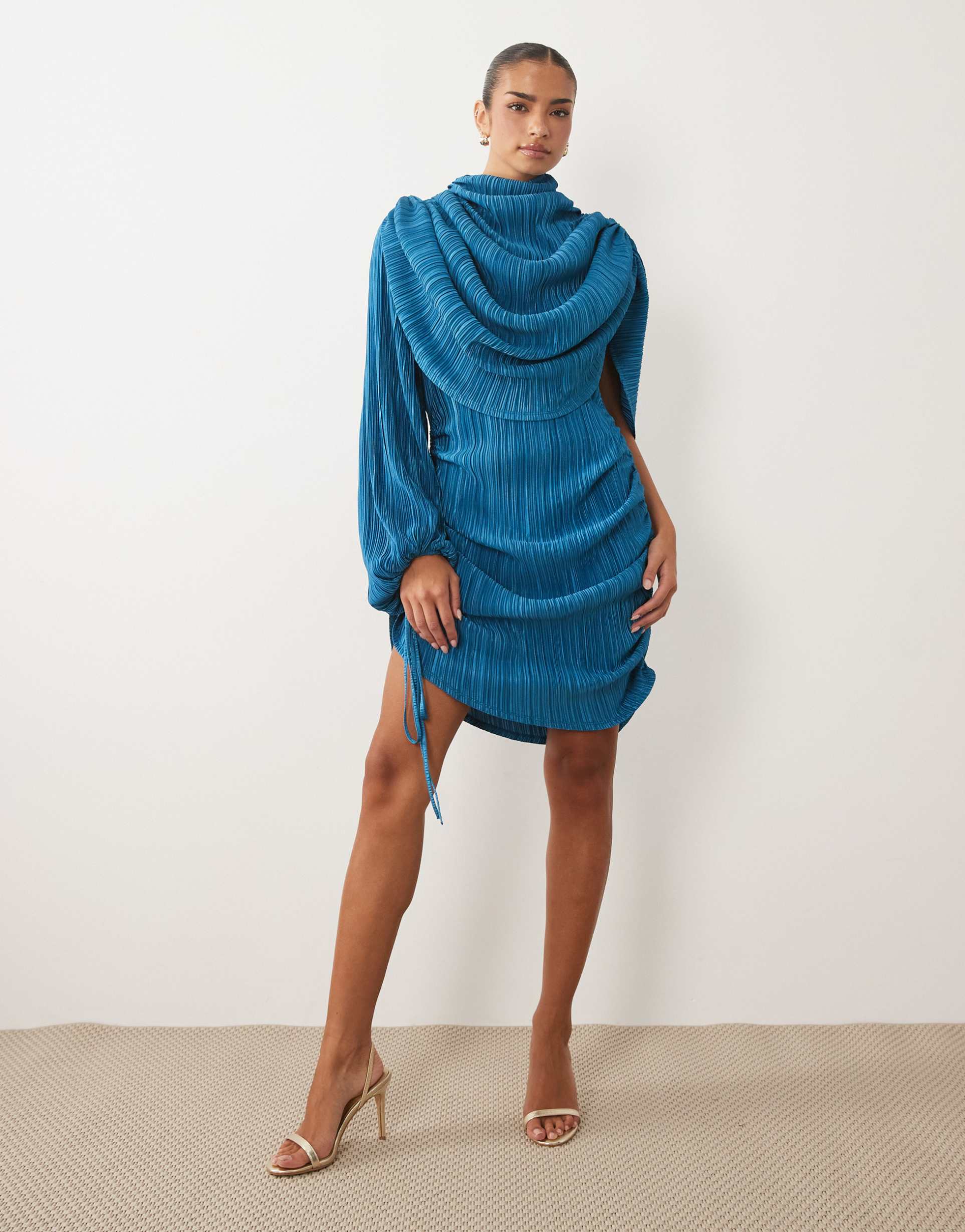 asos design plisse asymmetric cape sleeve mini dress in blue teal