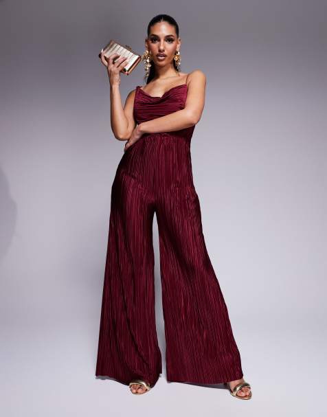 ASOS DESIGN plisse asymmetric drape cami jumpsuit in burgundy - view 1