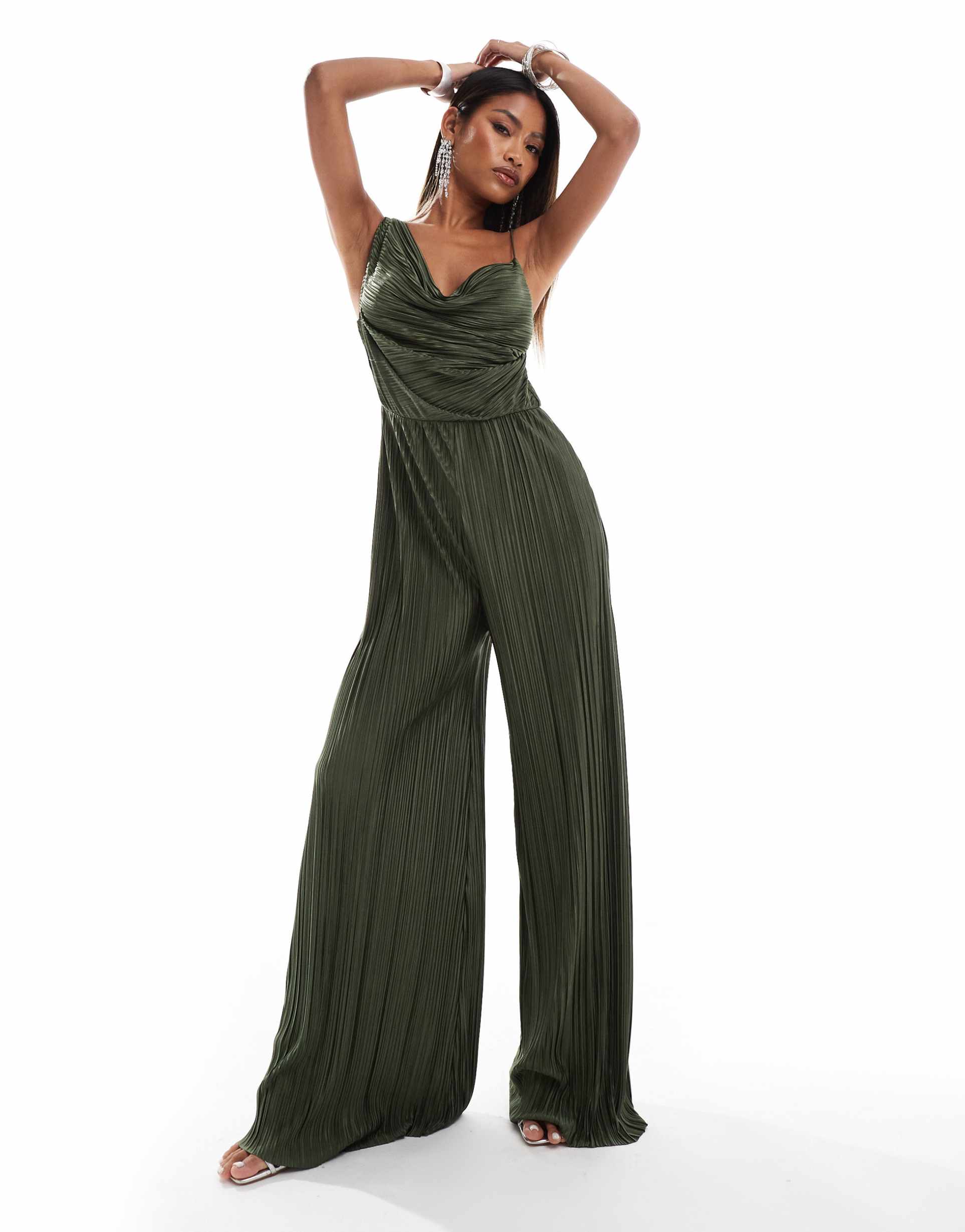 asos design plisse asymmetric drape cami jumpsuit in khaki