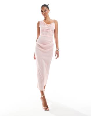 plisse asymmetric drape cami midi dress in pale pink