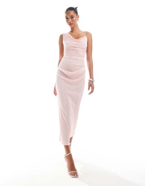 ASOS DESIGN plisse asymmetric drape cami midi dress in pale pink - view 1