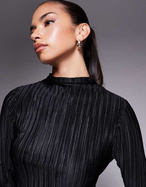 ASOS DESIGN plisse asymmetric hem mini dress in black, 4 of 4