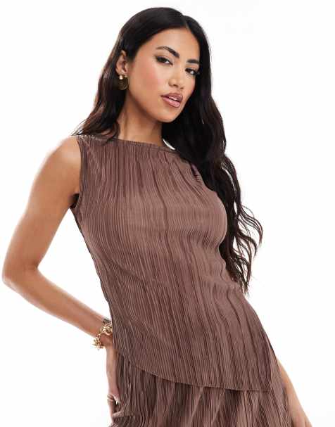 ASOS DESIGN plisse asymmetric slash neck top co ord in brown - view 1