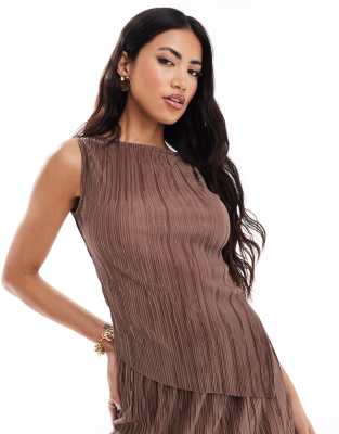 Asos Design Plisse Asymmetric Slash Neck Top In Brown - Part Of A Set