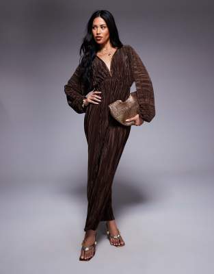 Asos Design Plisse Balloon Sleeve V Front Midi Dress In Brown