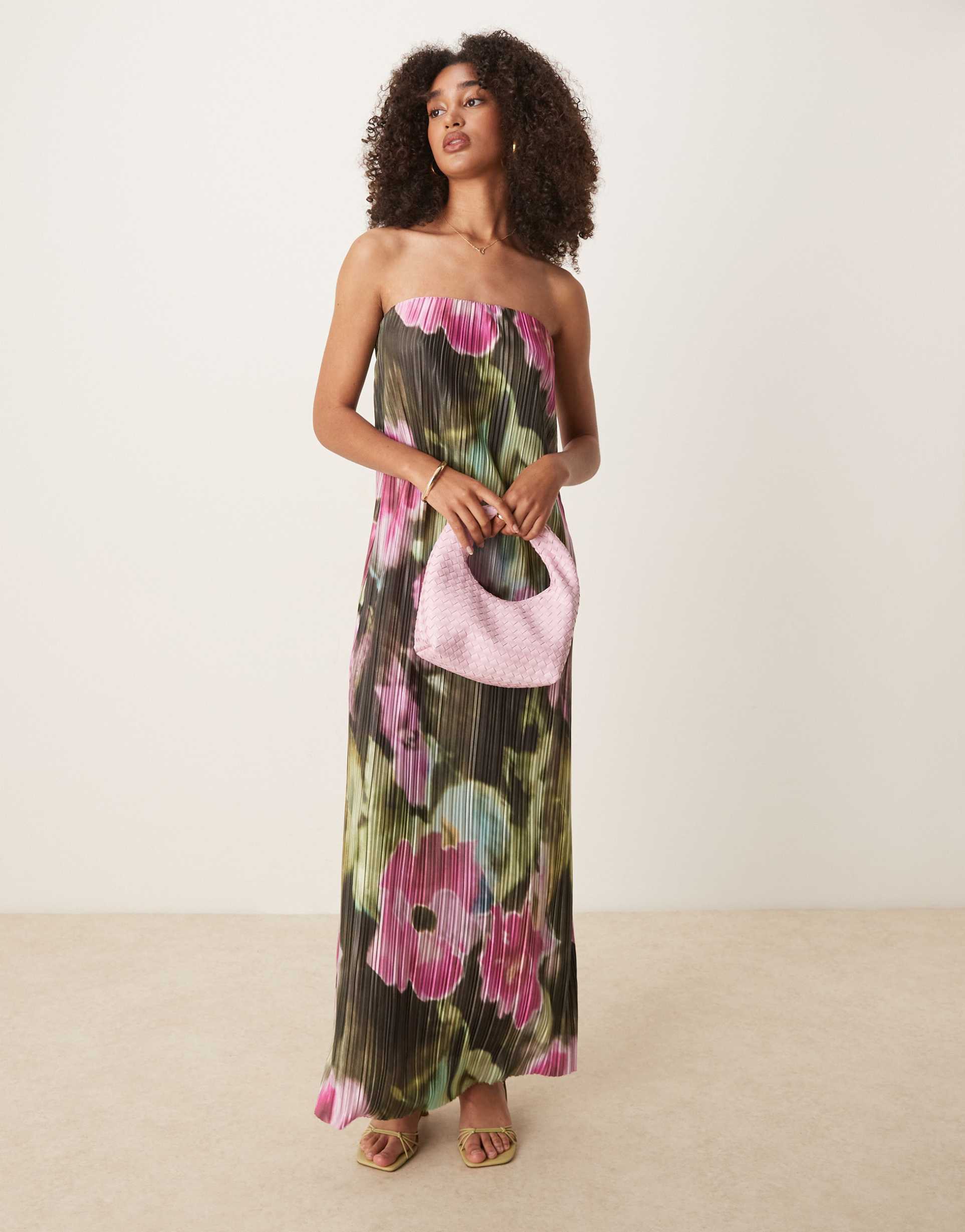 asos design plisse bandeau maxi dress in smudge floral