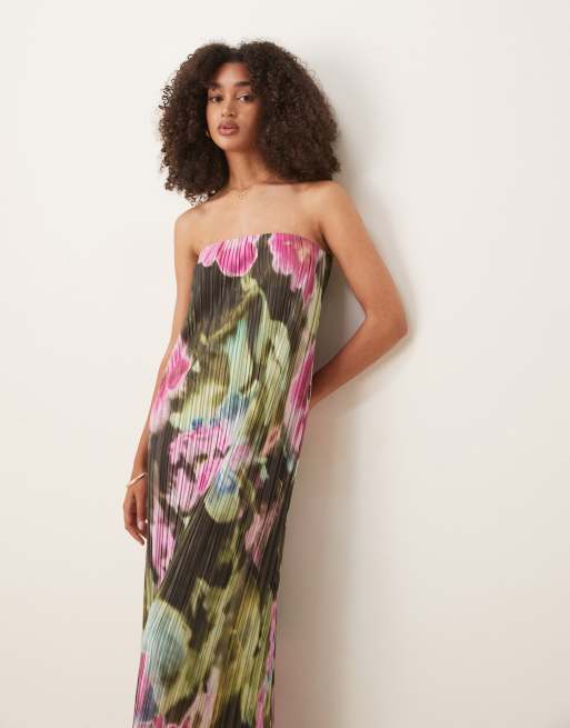 ASOS DESIGN plisse bandeau maxi dress in smudge floral