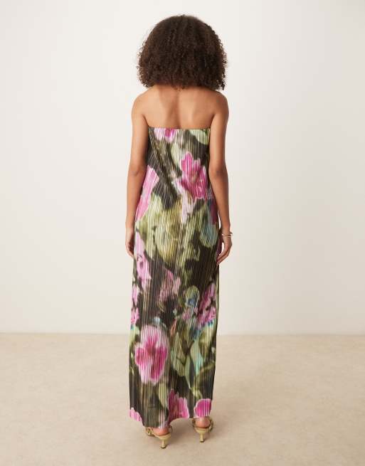 ASOS DESIGN plisse bandeau maxi dress in smudge floral