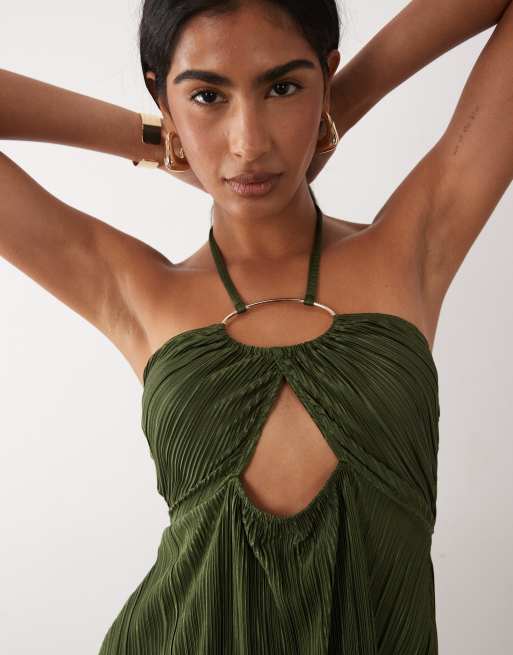 ASOS DESIGN - Plissé bandeau-top met ring en halternek in kaki, 3 van 4