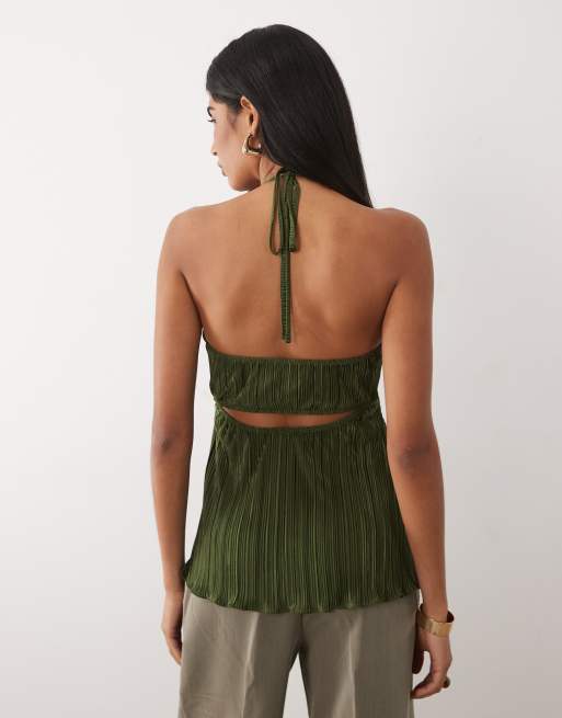ASOS DESIGN - Plissé bandeau-top met ring en halternek in kaki, 4 van 4