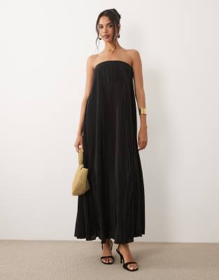 Asos Design Plisse Bandeau Trapeze Midi Dress In Black
