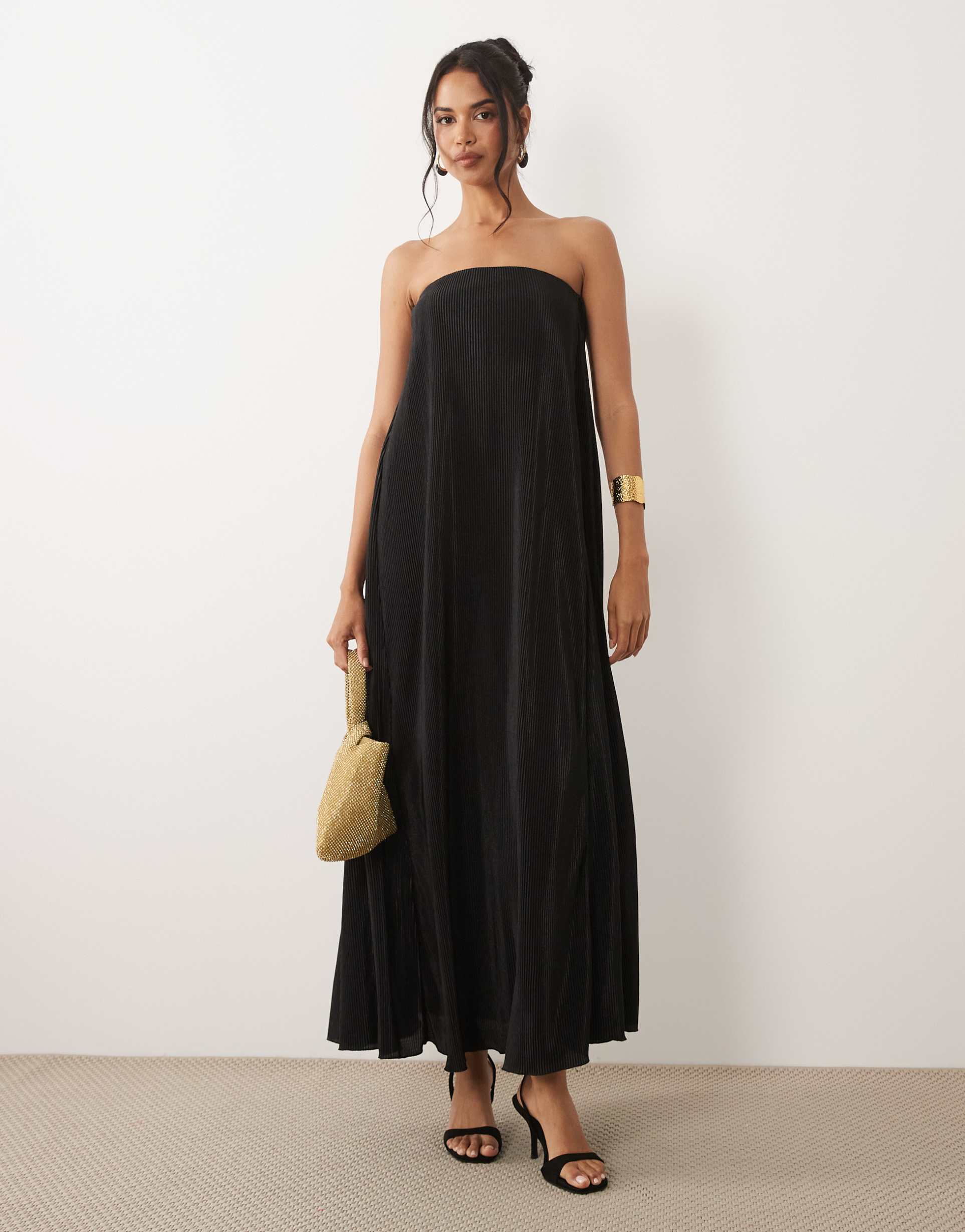 asos design plisse bandeau trapeze midi dress in black