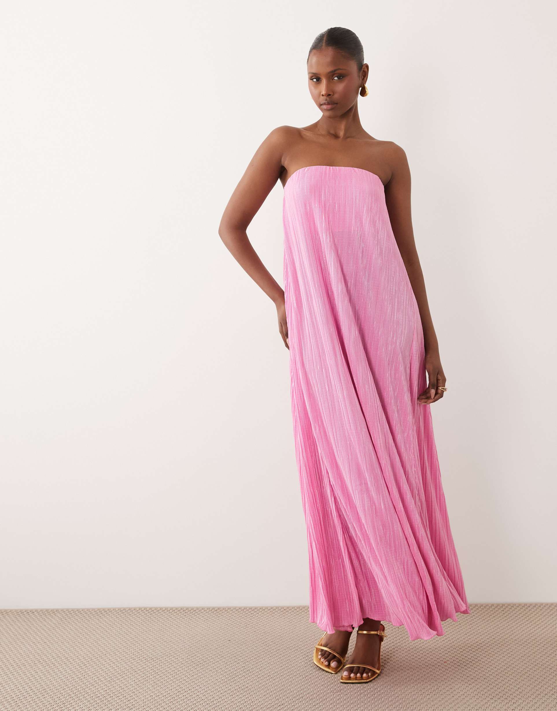 asos design plisse bandeau trapeze midi dress in pink