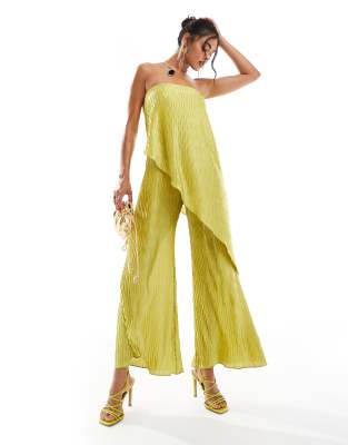 Asos Design Plisse Bandeau Wide Leg Jumpsuit In Lime Green