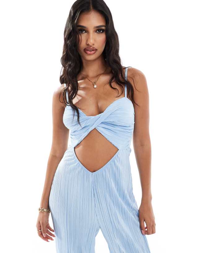 ASOS DESIGN - plisse bandeau wide leg jumpsuit in pale blue