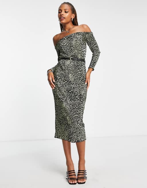 ASOS DESIGN plisse bardot long sleeve midi dress with belt in khaki animal