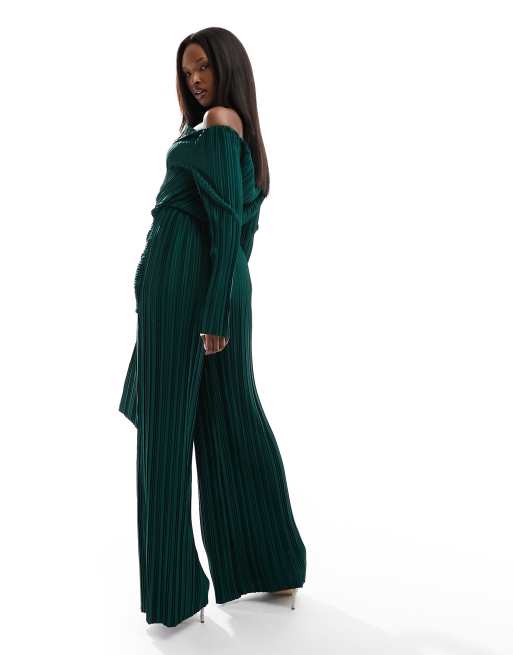 Olive Rib Twist Detail Plunge Flared Jumpsuit