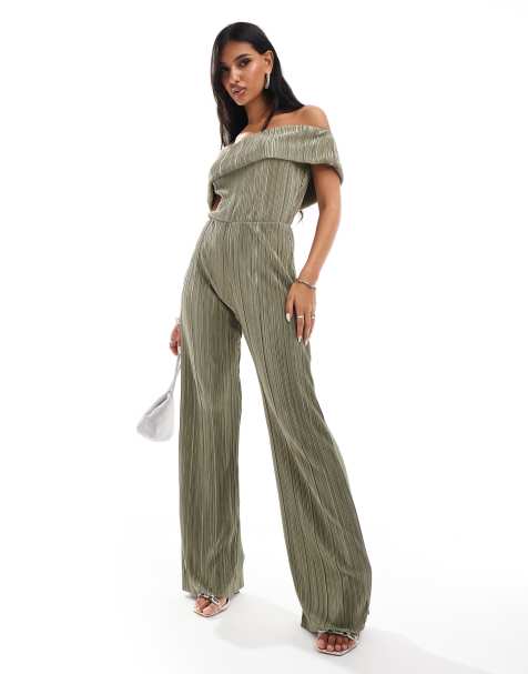 ASOS DESIGN plisse bardot wide leg jumpsuit in khaki - view 1