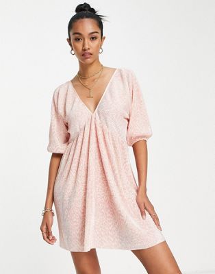 ASOS DESIGN plisse batwing mini dress in pink leopard print | ASOS