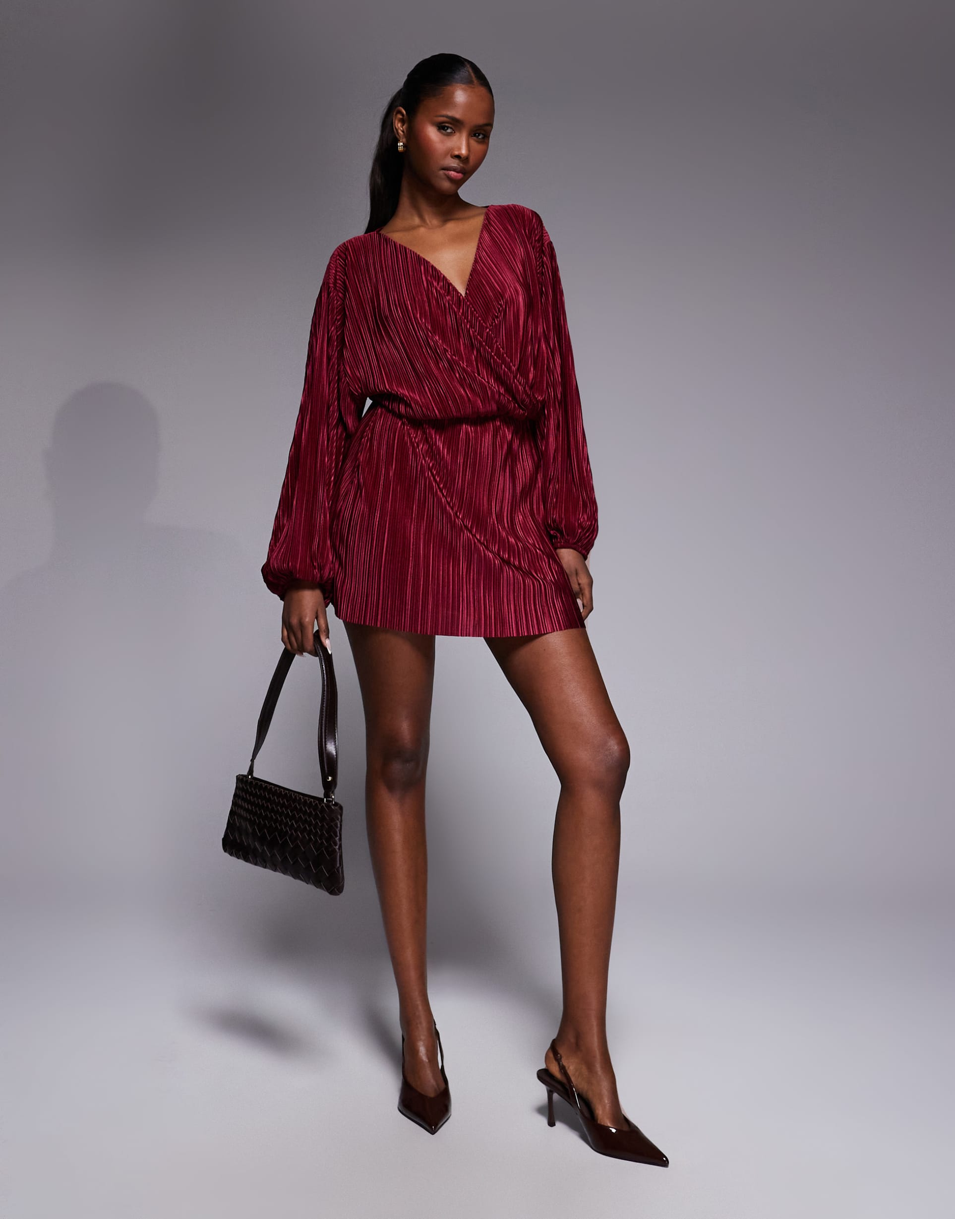 asos design plissé blouson mini dress in burgundy