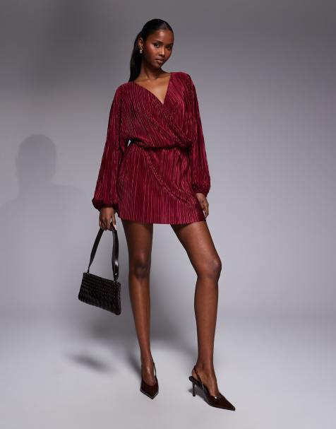 ASOS DESIGN plisse blouson mini dress in burgundy