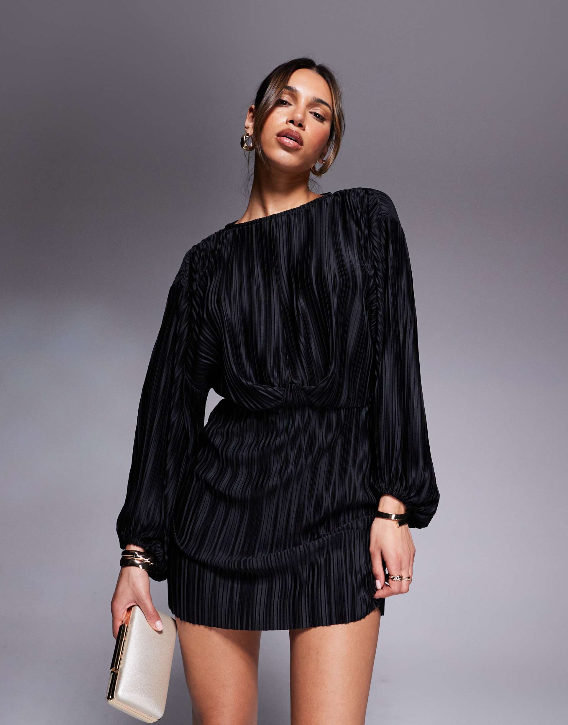 asos design plisse blouson sleeve and waist mini dress in black
