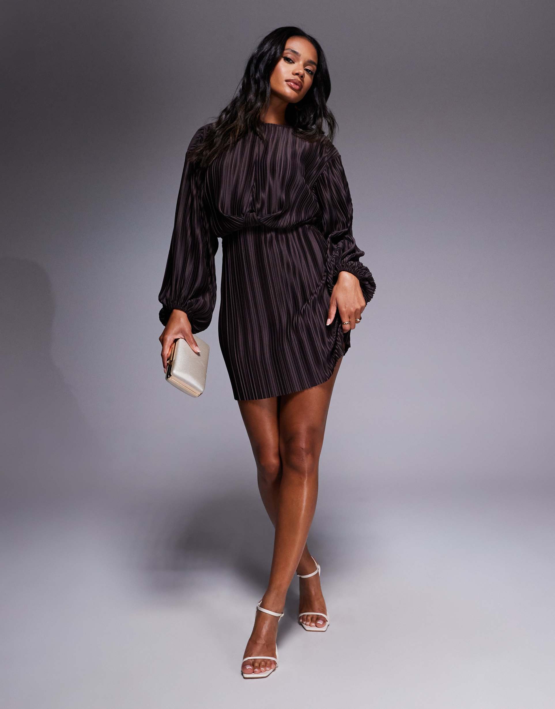 asos design plisse blouson sleeve and waist mini dress in chocolate
