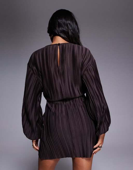 ASOS DESIGN plisse blouson sleeve and waist mini dress in chocolate