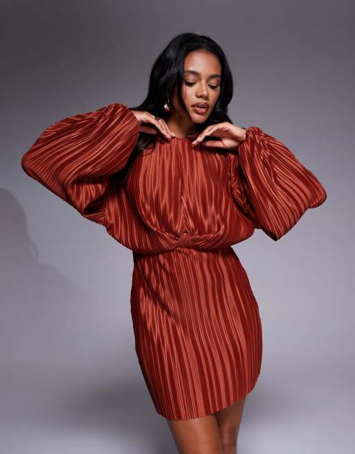 ASOS DESIGN plisse blouson sleeve and waist mini dress in rust