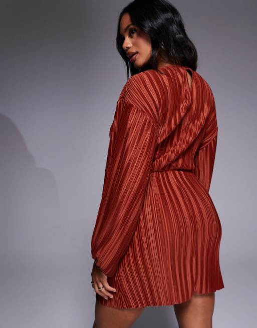 ASOS DESIGN plisse blouson sleeve and waist mini dress in rust