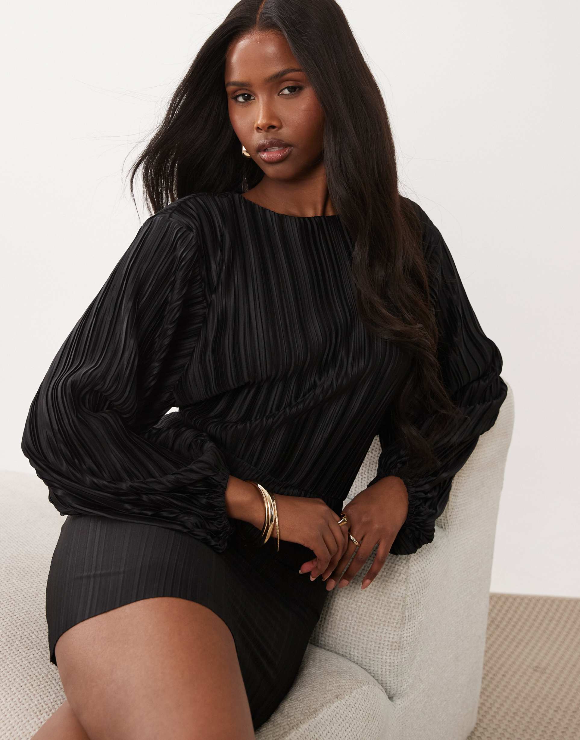 asos design plisse blouson sleeves and waist mini dress in black