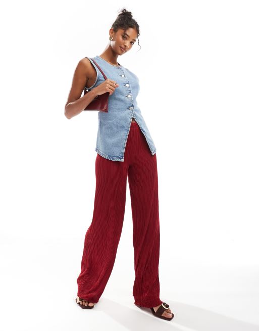 ASOS DESIGN - Plissé broek met wijde pijpen en elastische taille in rood