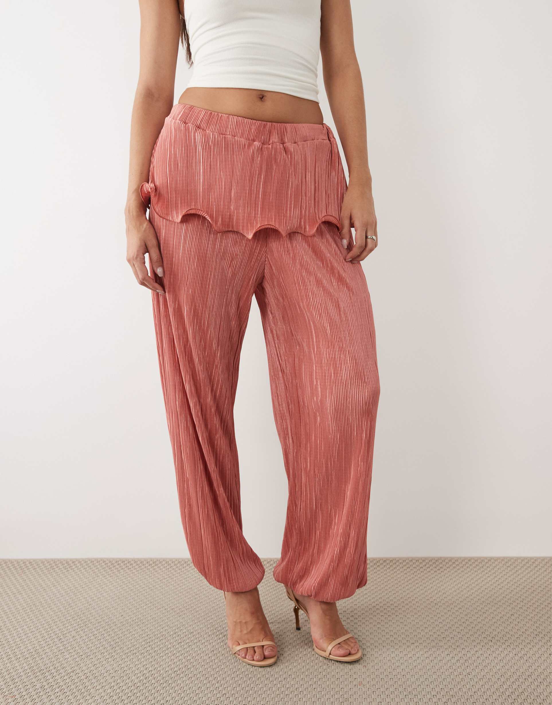 asos design plissé bubble pants with skirt overlay in coral