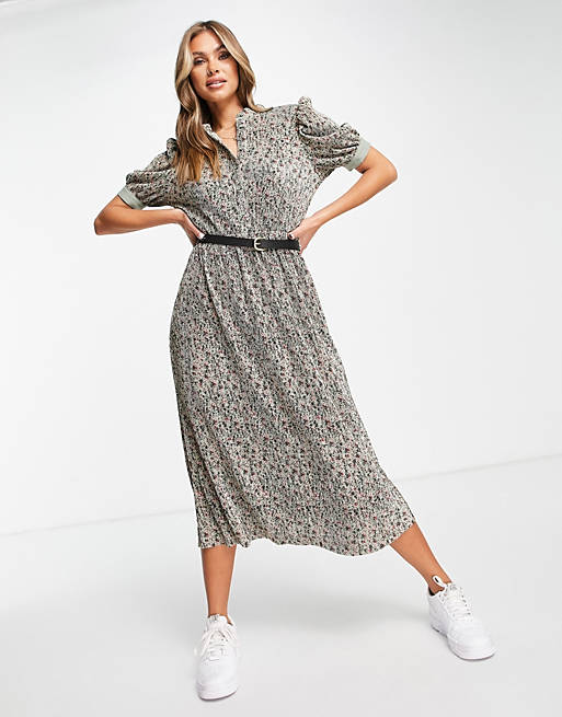 Dresses plisse button through midi dress with belt in sage ditsy floral 