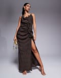 [ASOS DESIGN] ASOS DESIGN plisse cami maxi dress with waterfall corsage ruffle in chocolate brown 14 Brown