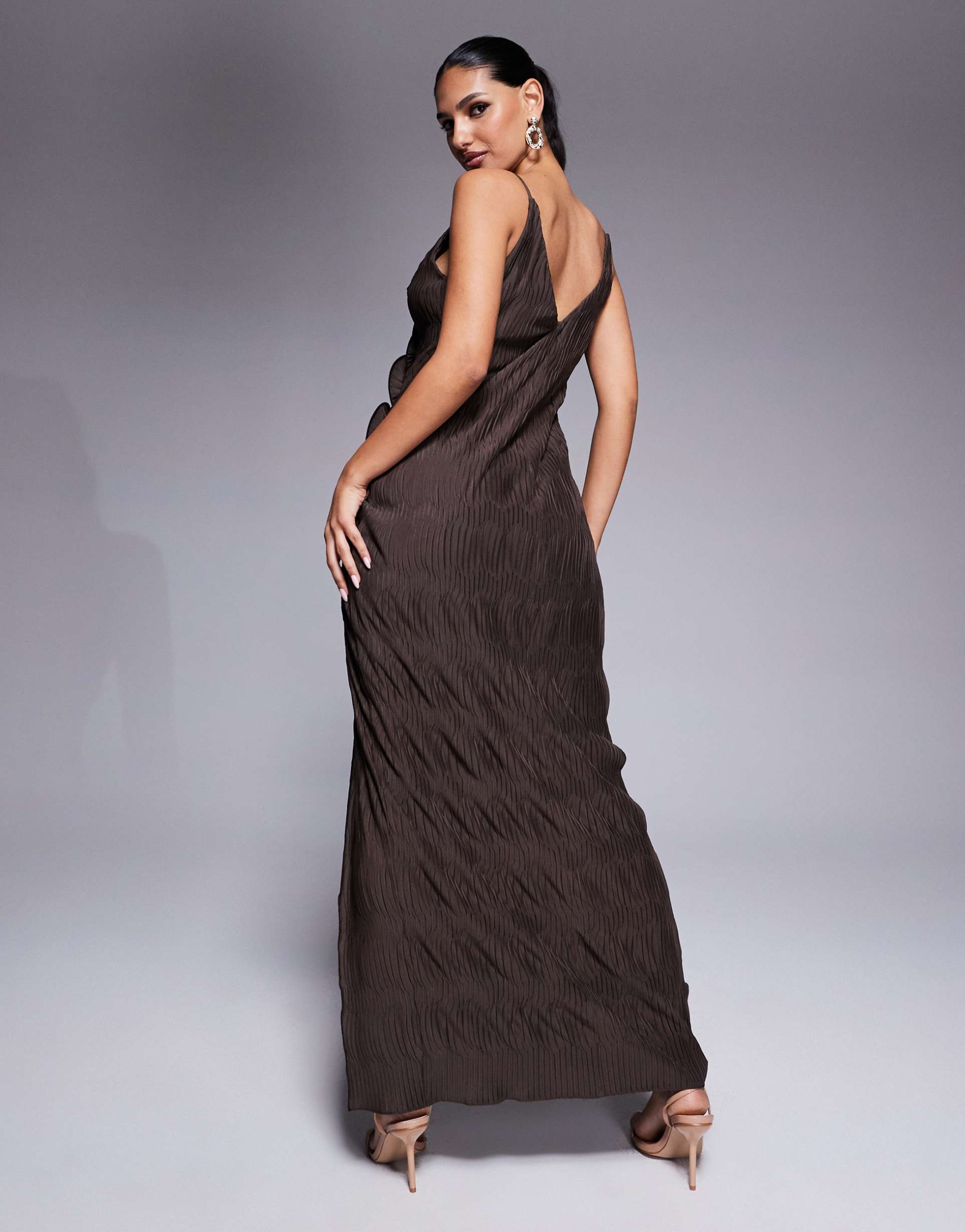 asos design plisse cami maxi dress with waterfall corsage ruffle in chocolate brown