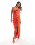 [ASOS DESIGN] ASOS DESIGN plisse cami maxi dress with waterfall corsage ruffle in orange 6 Orange