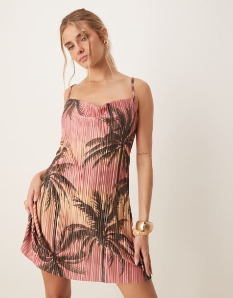 ASOS DESIGN plisse cami mini dress in palm tree print - view 1