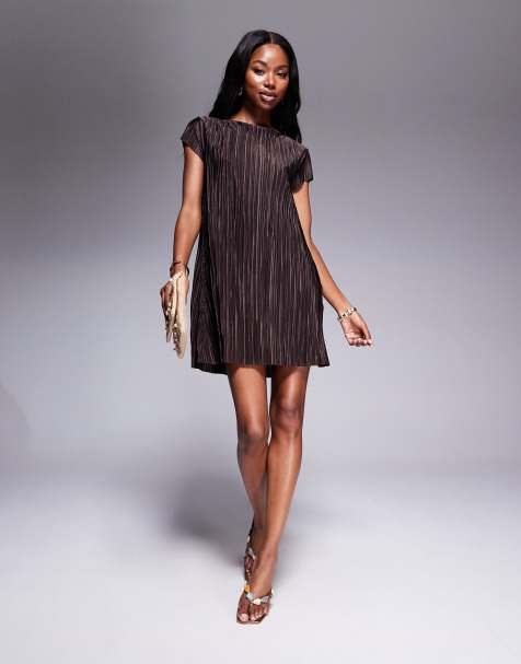 ASOS DESIGN plisse cap sleeve mini dress in chocolate - view 1