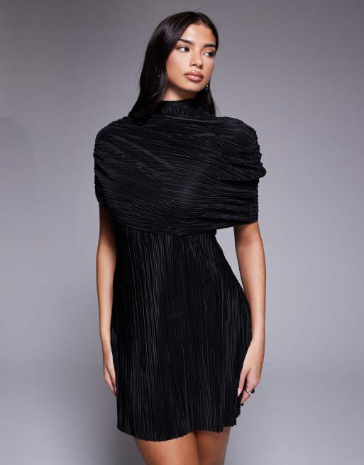ASOS DESIGN plisse cape detail mini dress with grown on neck in black, 4 of 4