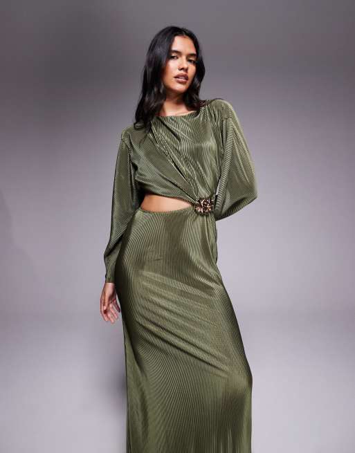 ASOS DESIGN plisse cocoon sleeve faux ord maxi dress with hardware in khaki, 3 of 4
