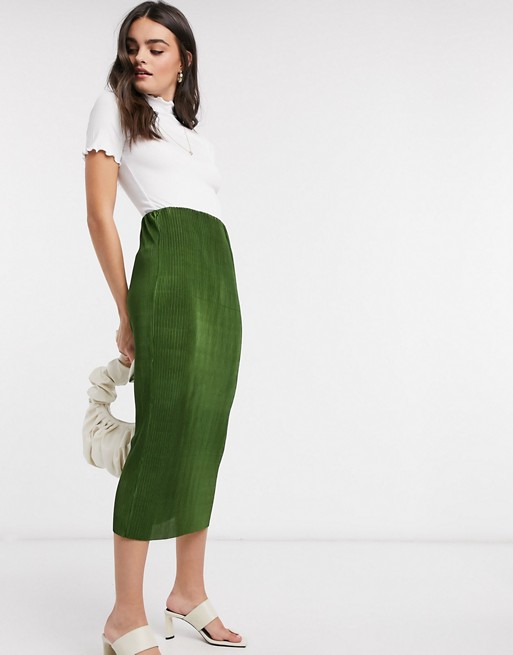 ASOS DESIGN plisse column midi skirt in dark green