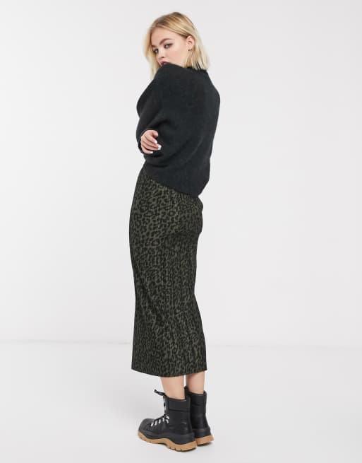 Warehouse zebra print outlet midi skirt dark green