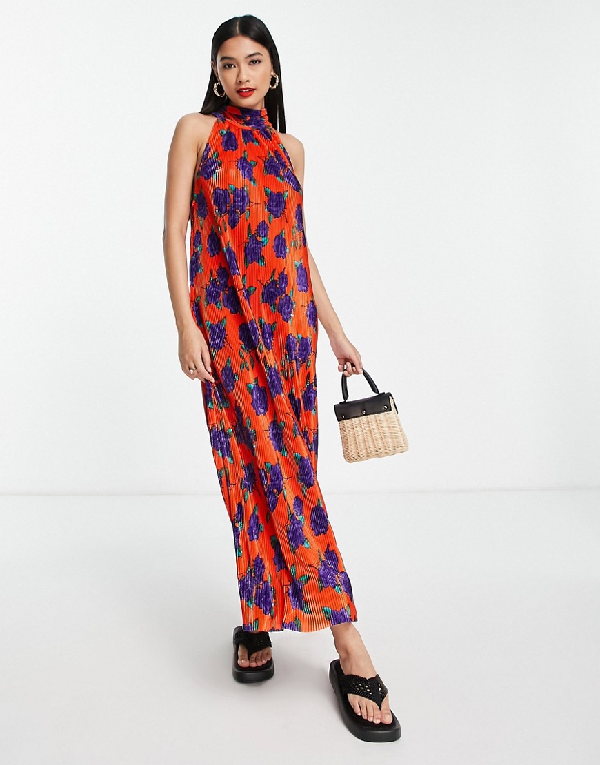 ASOS DESIGN plisse column midi sleeveless dress in orange and blue rose-Multi