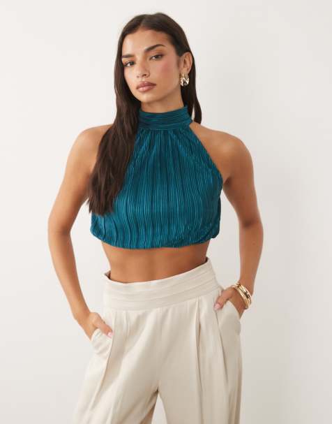 ASOS DESIGN plissé cropped halter neck bubble top in teal - part of a set - view 1