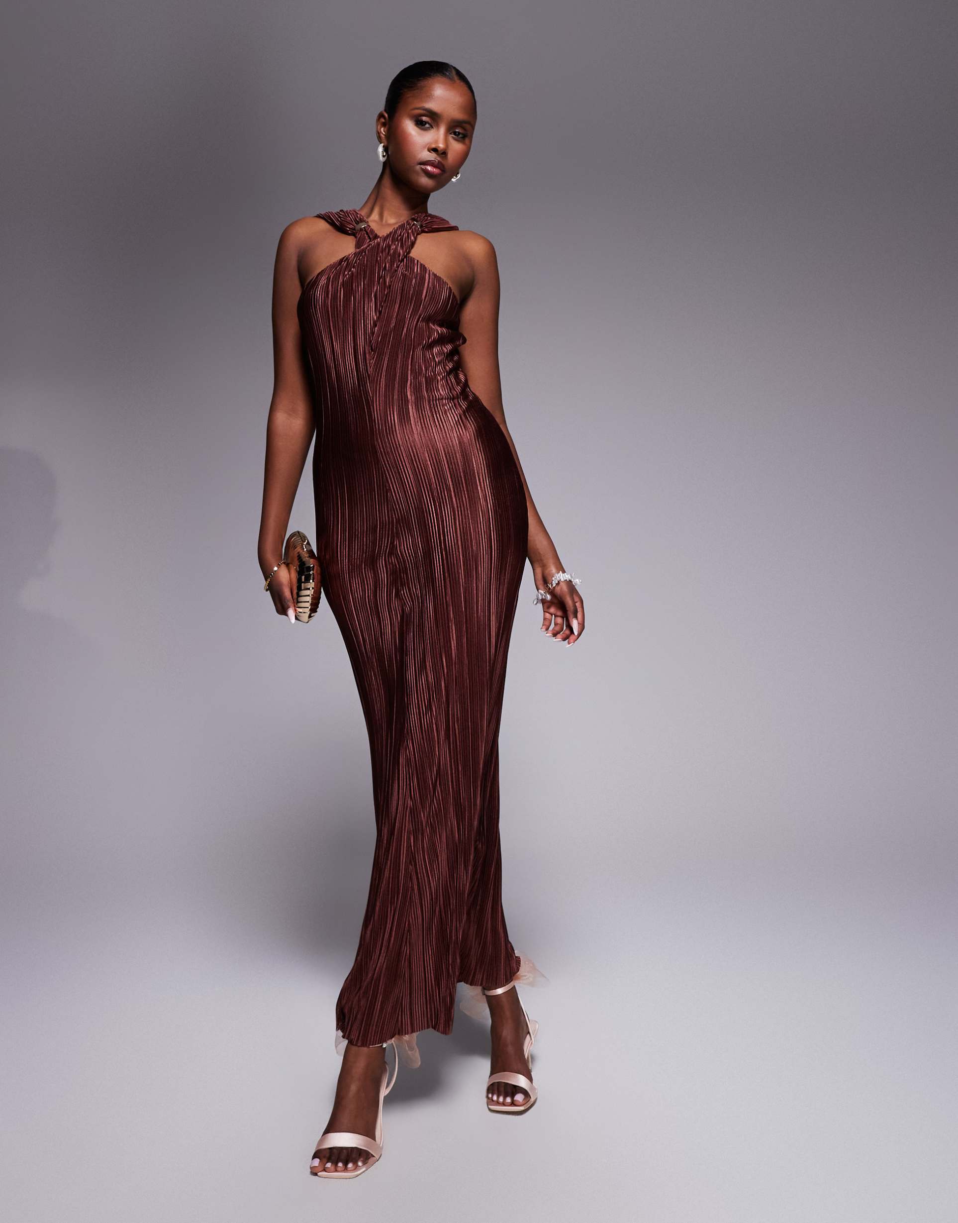 asos design plisse cross front maxi dress with draped back in chocolate