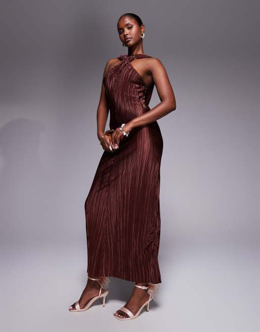ASOS DESIGN plisse cross front maxi dress with draped back in chocolate